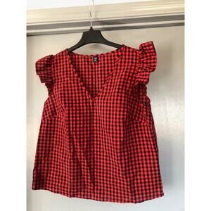 Women's Pullover Red Black Check sz 0XL Shein Ruffle Cap Sleeve Top V Neck
